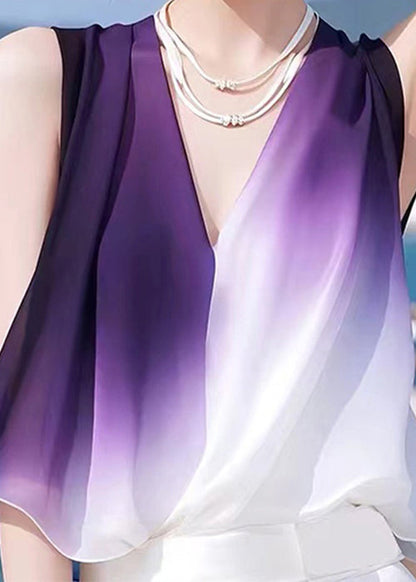 Débardeur sans manches à col en V dégradé en mousseline de soie élégant patchwork de couleurs