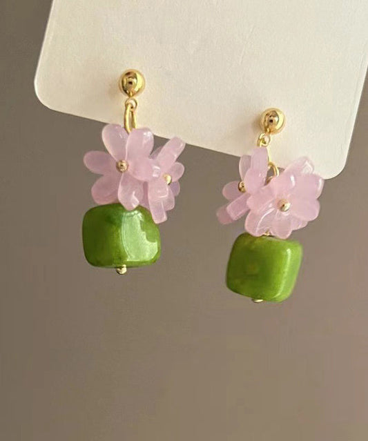Stylish Green Alloy Resin Floral Block Drop Earrings YX015