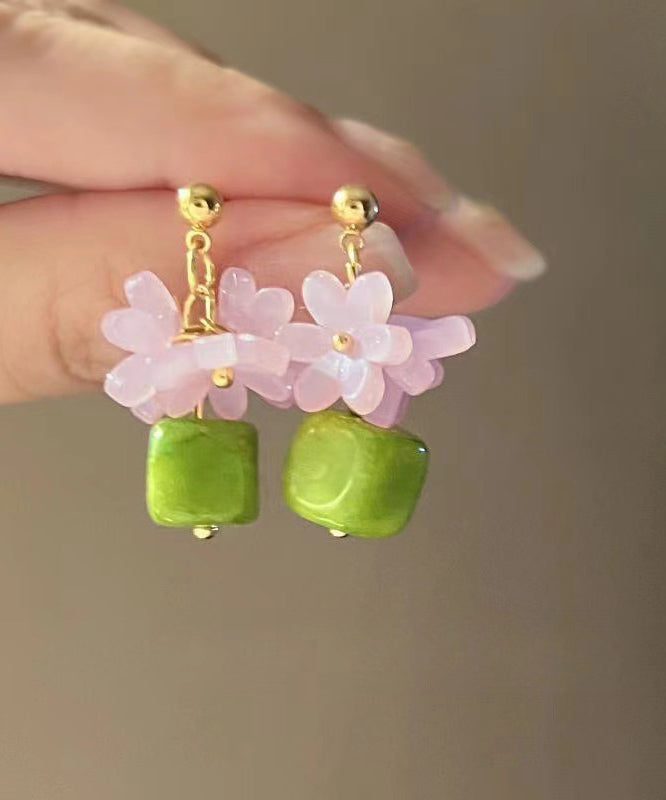 Stylish Green Alloy Resin Floral Block Drop Earrings YX015