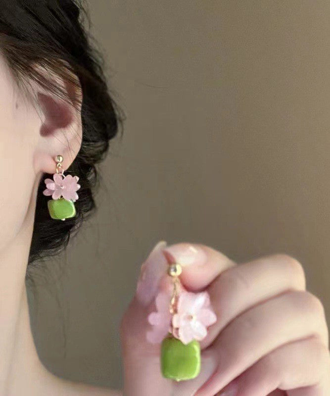 Stylish Green Alloy Resin Floral Block Drop Earrings YX015