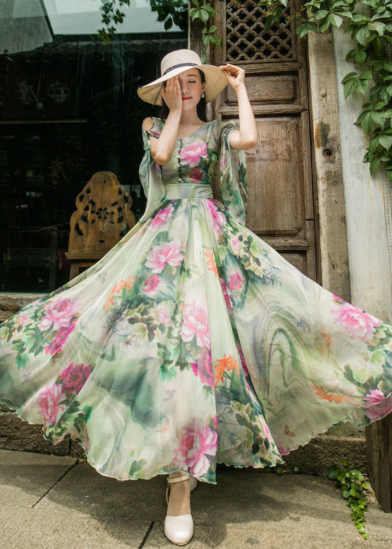 Stylish Green Floral V Neck Chiffon Beach Long Dresses Flared Sleeve WW1009