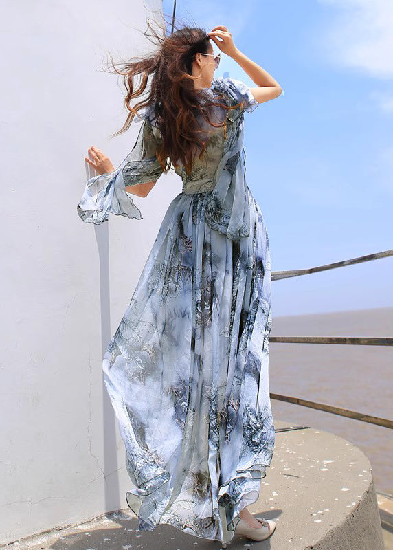 Stylish Green Floral V Neck Chiffon Beach Long Dresses Flared Sleeve WW1009