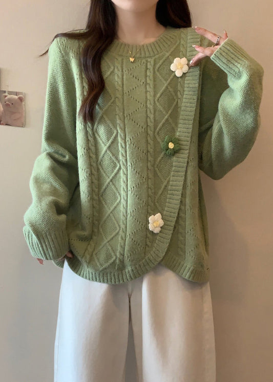 Pulls en tricot vert élégants à col rond et motif floral asymétrique pour l'hiver RG040