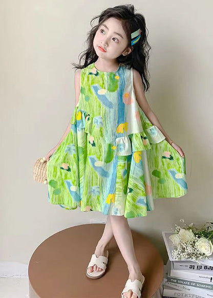 Robe élégante en coton vert à col rond et imprimé sans manches pour filles EW061