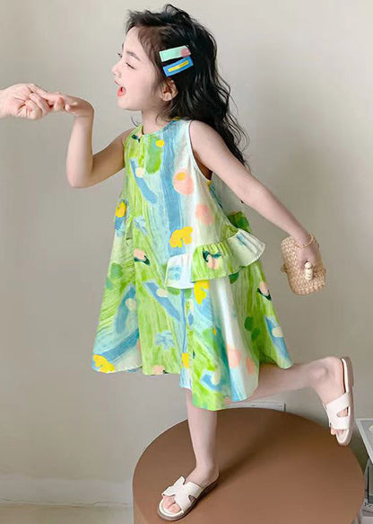 Robe élégante en coton vert à col rond et imprimé sans manches pour filles EW061