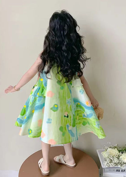 Robe élégante en coton vert à col rond et imprimé sans manches pour filles EW061