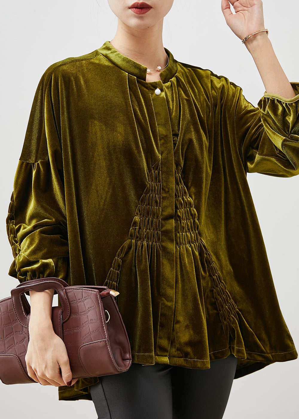 Stylish Green Oversized Wrinkled Silk Velour Shirt Spring YU1066