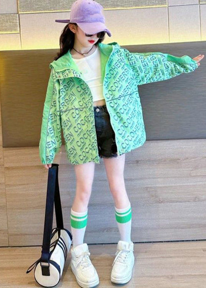 Manteau à capuche élégant à imprimé patchwork vert pour filles Automne QV048