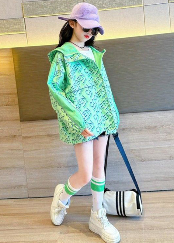 Stylish Green Print Patchwork Girls Hooded Coat Fall QV048