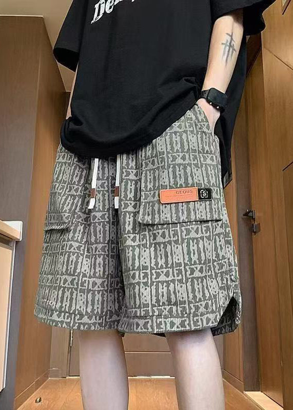 Print Shorts Waist Pockets Men Cotton Elastic Green Stylish