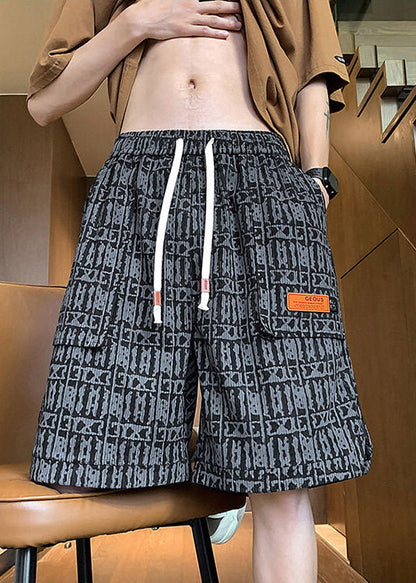 Print Shorts Waist Pockets Men Cotton Elastic Green Stylish