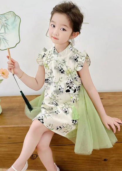 Robe mi-longue élégante en tulle vert imprimé patchwork à boutons pour filles, été MN002