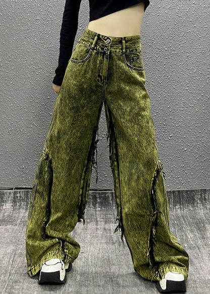 Pantalon large en denim patchwork à pompons vert élégant Automne WP058