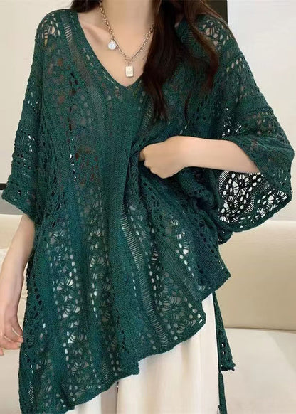 Chemise élégante en tricot à col en V et hauts d'été verts creux