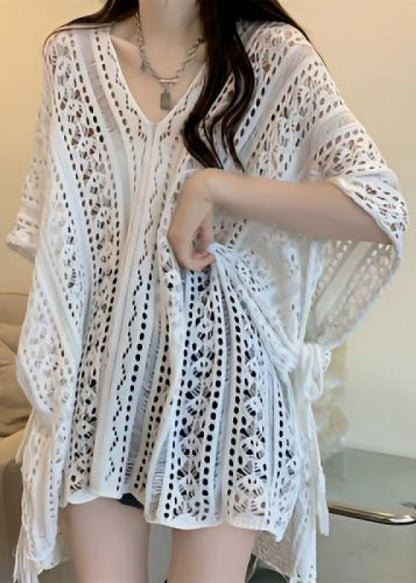 Chemise élégante en tricot à col en V et hauts d'été verts creux