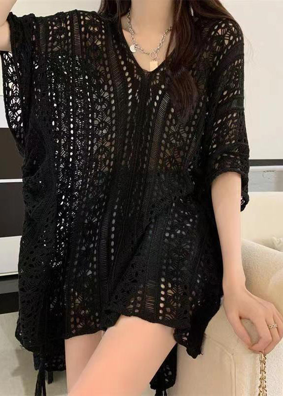 Chemise élégante en tricot à col en V et hauts d'été verts creux