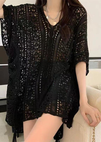 Chemise élégante en tricot à col en V et hauts d'été verts creux