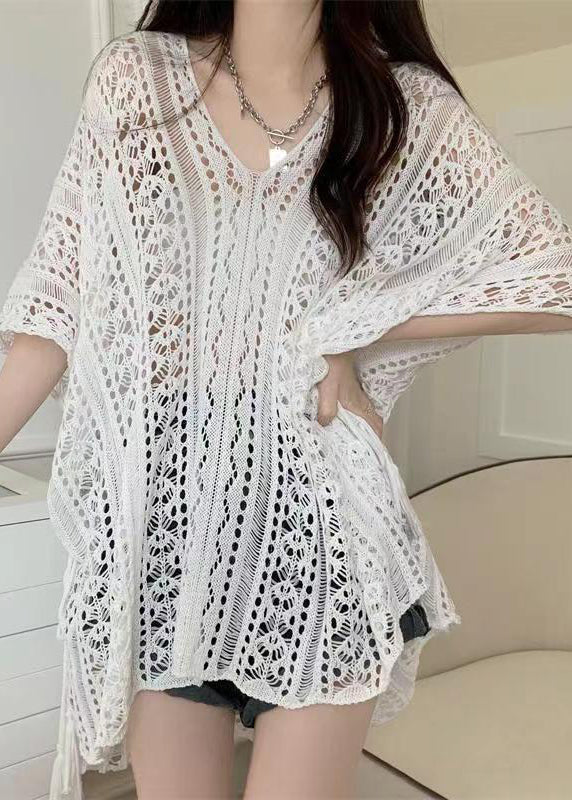 Chemise élégante en tricot à col en V et hauts d'été verts creux