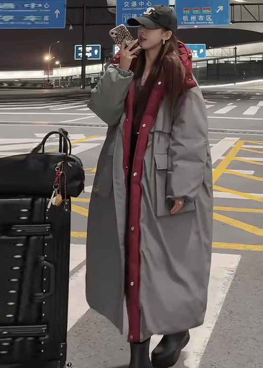 Stilvoller, übergroßer, grauer Patchwork-Gänsedaunen-Trenchcoat für den Winter, beidseitig tragbar, YO002