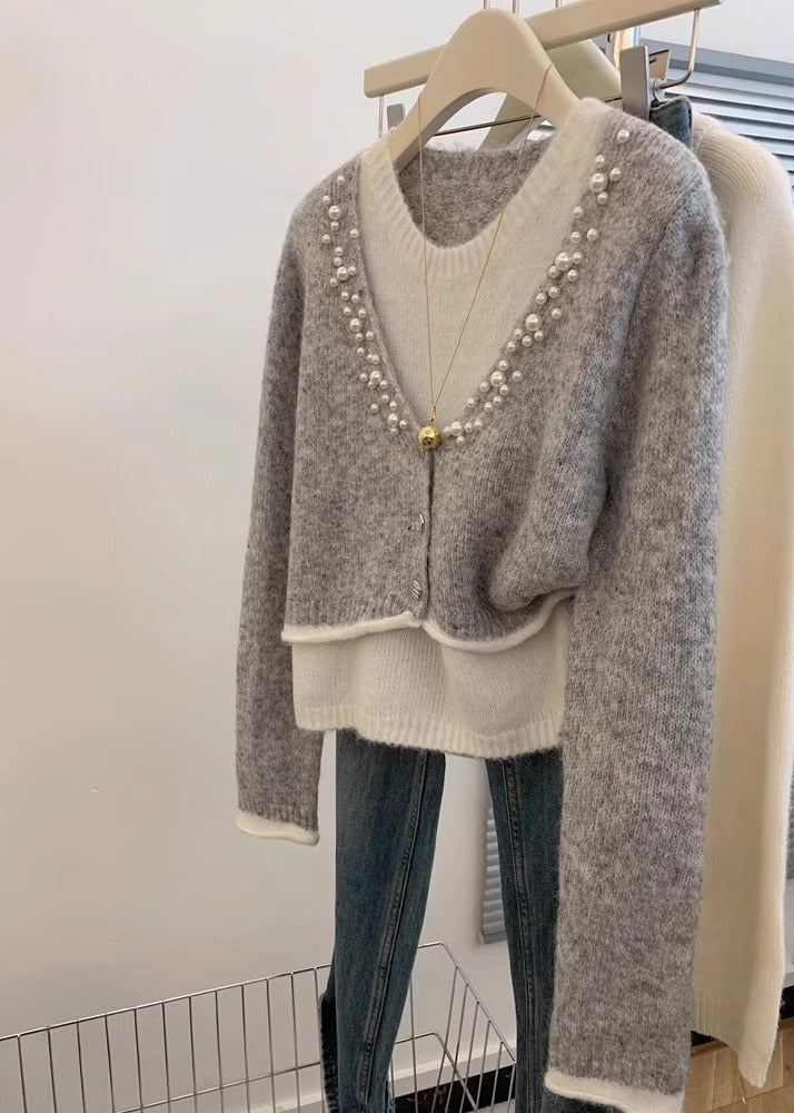 Pull élégant en tricot gris perle, deux pièces, hiver WX016