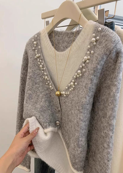Pull élégant en tricot gris perle, deux pièces, hiver WX016