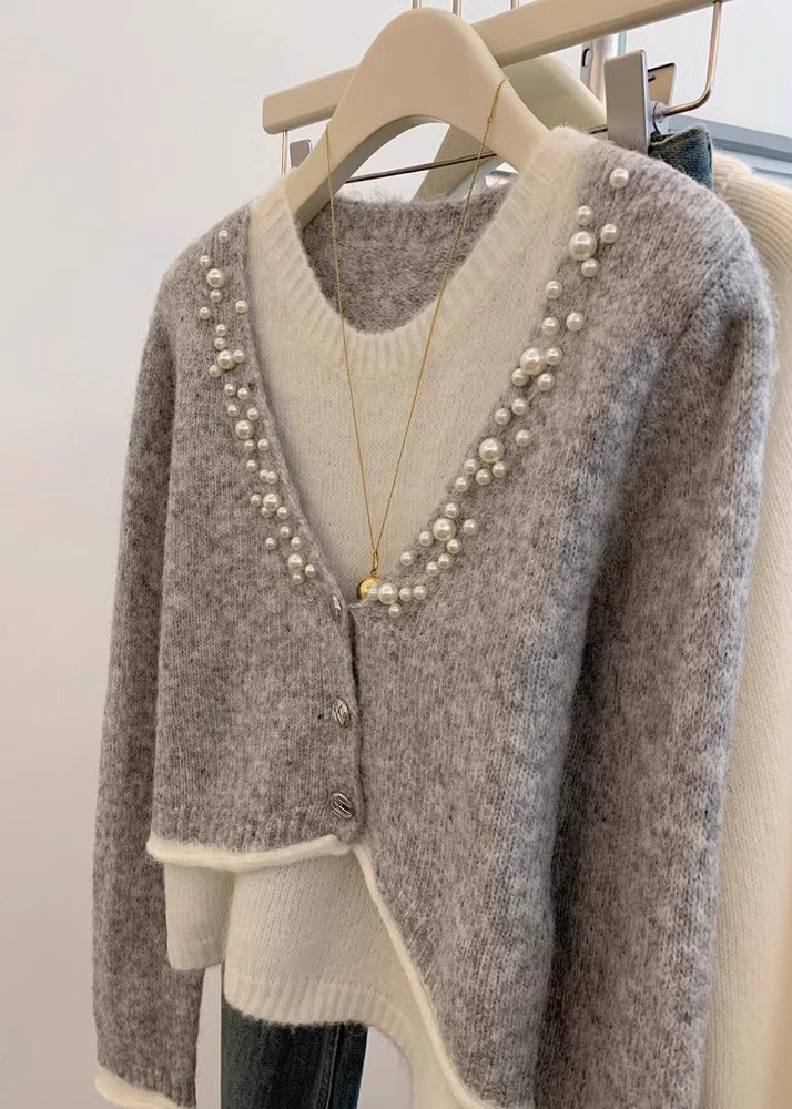 Pull élégant en tricot gris perle, deux pièces, hiver WX016