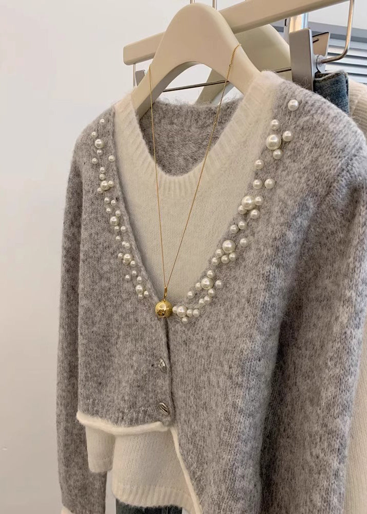 Pull élégant en tricot gris perle, deux pièces, hiver WX016