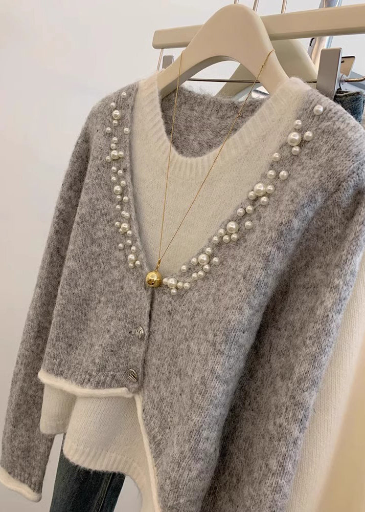 Pull élégant en tricot gris perle, deux pièces, hiver WX016