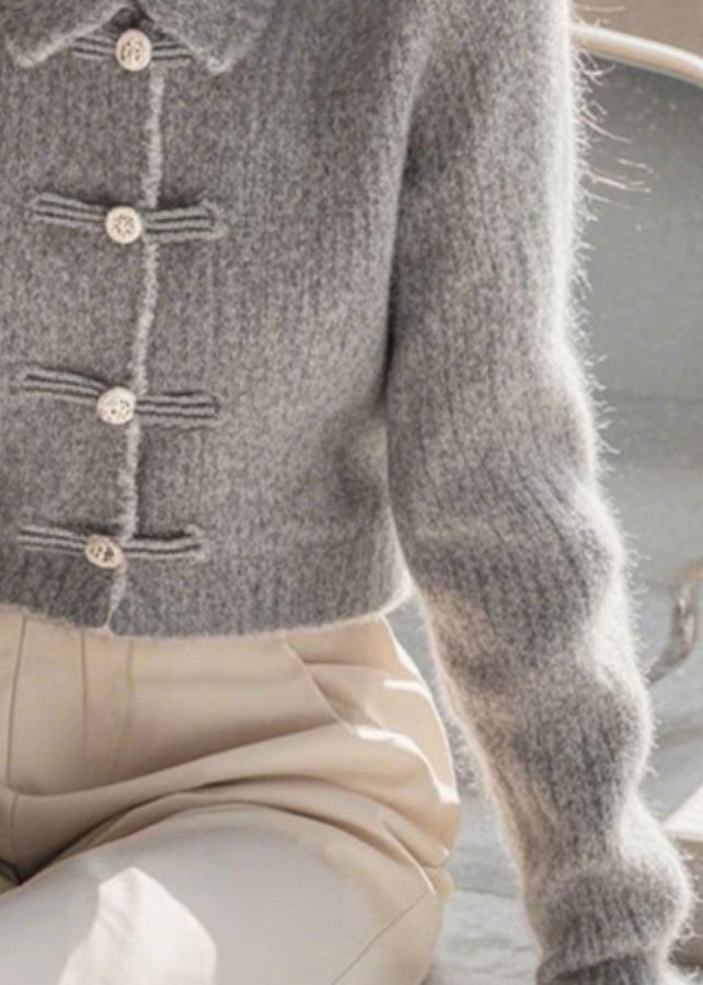 Pulls élégants en tricot gris à col Peter Pan et boutons, printemps TF037