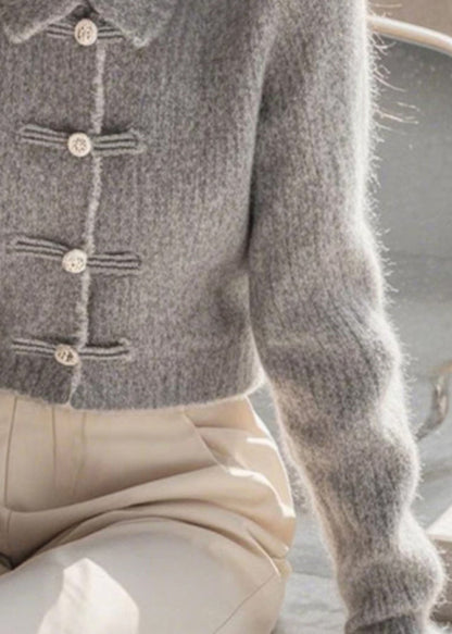 Pulls élégants en tricot gris à col Peter Pan et boutons, printemps TF037