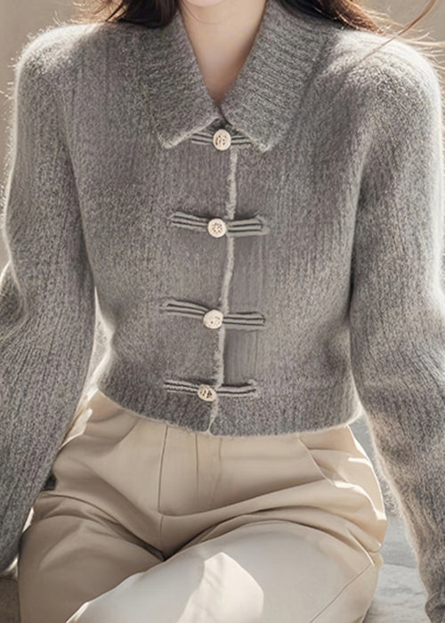 Pulls élégants en tricot gris à col Peter Pan et boutons, printemps TF037