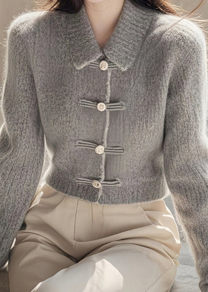 Pulls élégants en tricot gris à col Peter Pan et boutons, printemps TF037