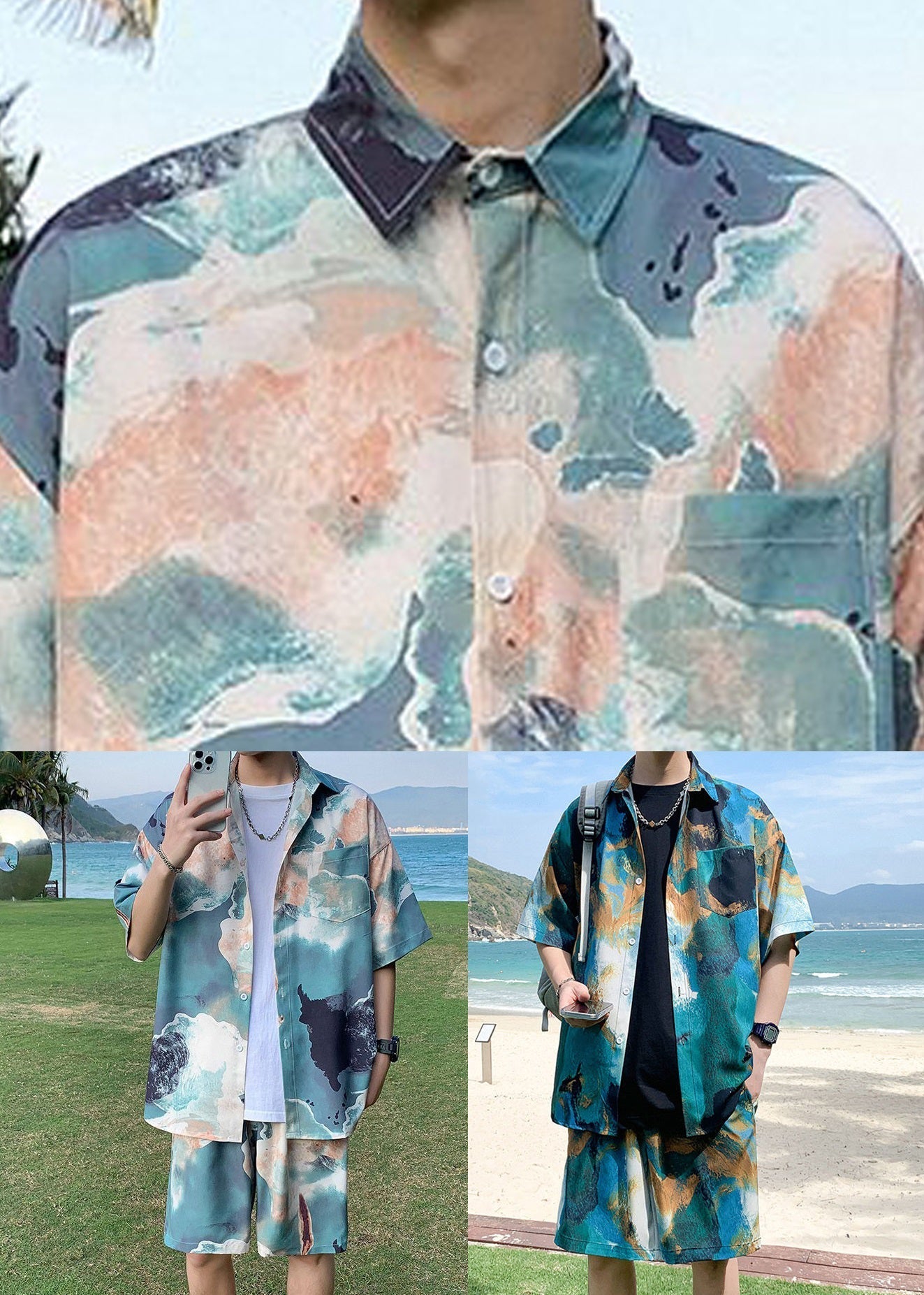 Stylish Grey Print Elastic Waist Ice Silk Mens Men Two Pieces Set Short Sleeve HG041