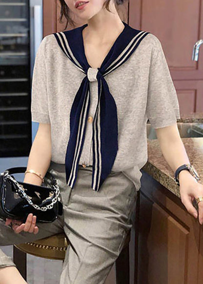 Summer T Stylish Collar Sailor Shirt Patchwork Grey Cotton