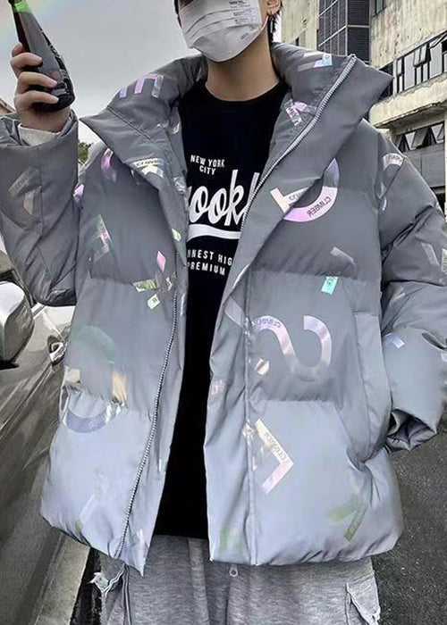 Stilvoller grauer Herrenparka mit Reißverschluss und bedruckten Taschen, Winter RM005