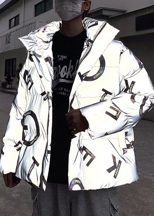 Stilvoller grauer Herrenparka mit Reißverschluss und bedruckten Taschen, Winter RM005