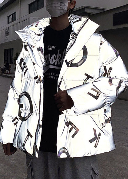 Stilvoller grauer Herrenparka mit Reißverschluss und bedruckten Taschen, Winter RM005