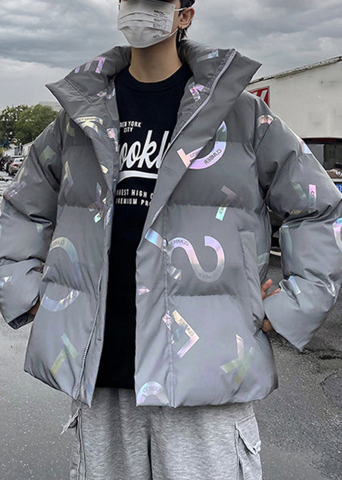 Stilvoller grauer Herrenparka mit Reißverschluss und bedruckten Taschen, Winter RM005