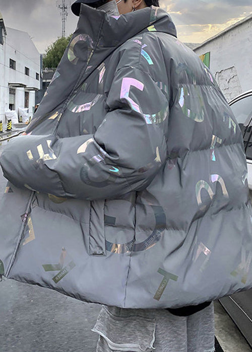 Stilvoller grauer Herrenparka mit Reißverschluss und bedruckten Taschen, Winter RM005