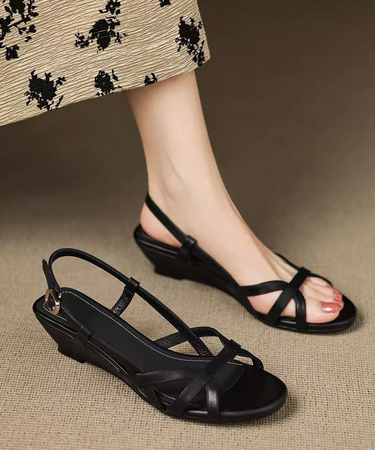 Sandals Wedge Leather Black Hollow Stylish Cowhide Out Splicing