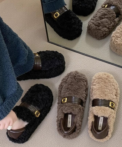 Stylish Khaki Fuzzy Fur Fluffy Splicing Comfy Flat Feet Shoes YR038