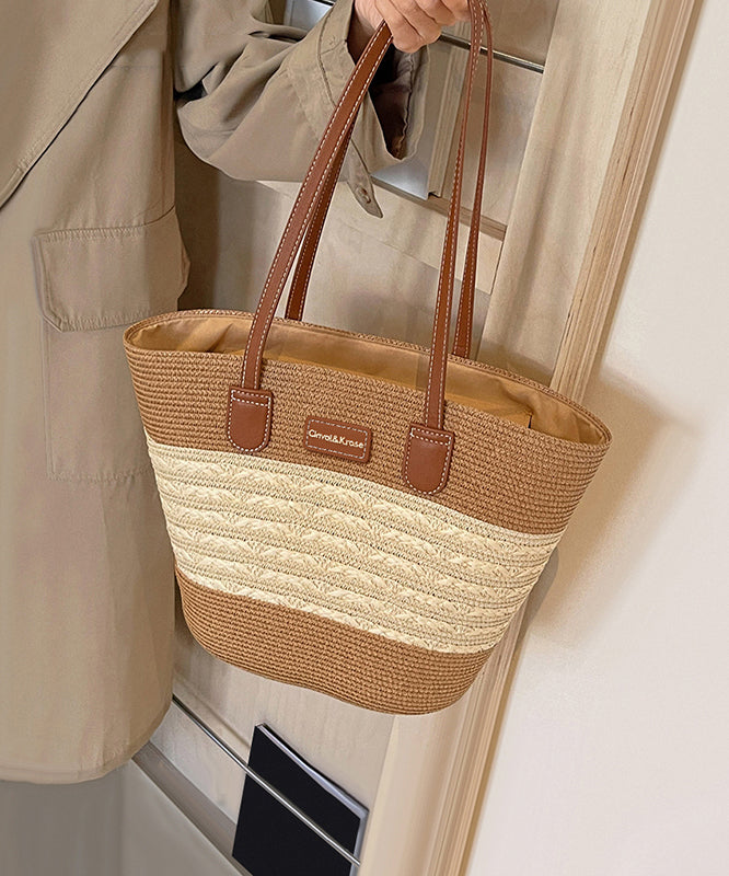 Khakifarbene, gewebte Stroh-Schultertasche, langlebig, stilvoll, große Kapazität