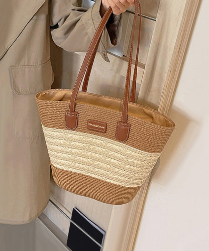 Khakifarbene, gewebte Stroh-Schultertasche, langlebig, stilvoll, große Kapazität