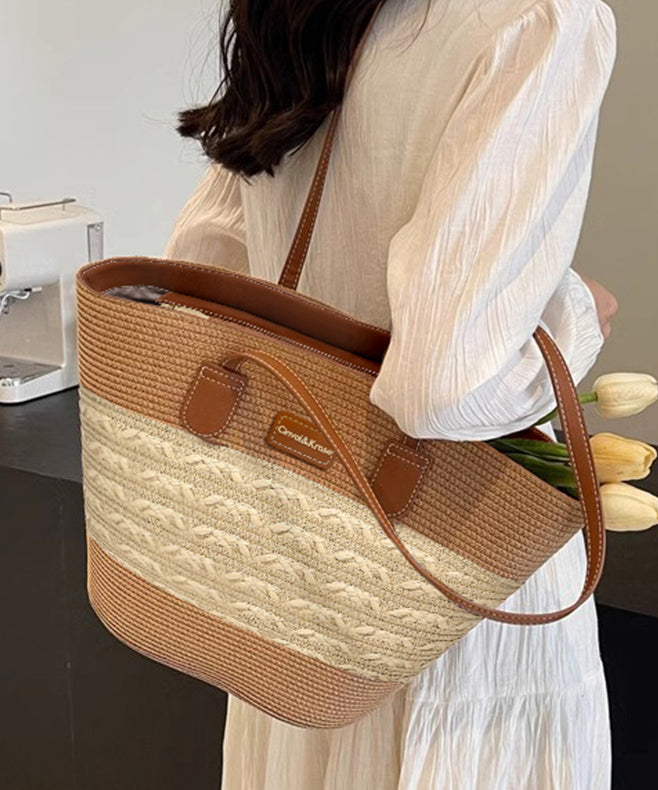 Khakifarbene, gewebte Stroh-Schultertasche, langlebig, stilvoll, große Kapazität