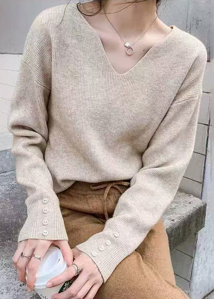 Stilvoller Khaki V-Ausschnitt Solid Strickpullover Frühling TF002