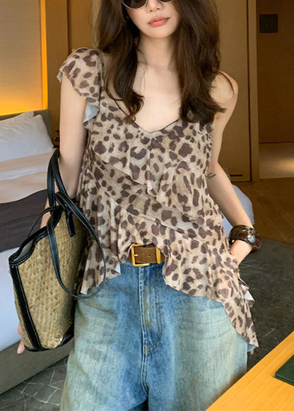 Ruffled Asymmetrical Sleeveless Top Tulle Stylish Leopard