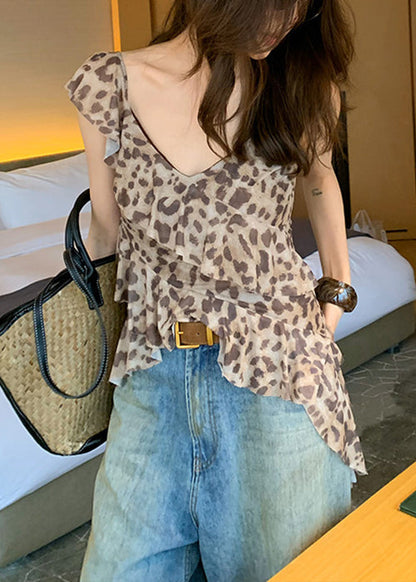 Ruffled Asymmetrical Sleeveless Top Tulle Stylish Leopard