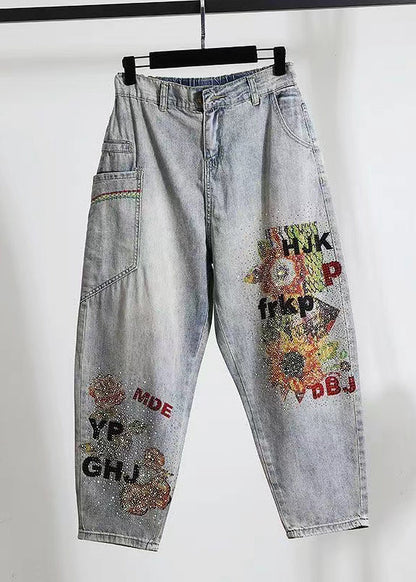 Pantalon en jean bleu clair élégant avec poches brodées en zircon Printemps QQ1022