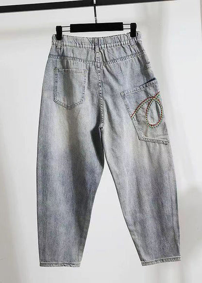 Pantalon en jean bleu clair élégant avec poches brodées en zircon Printemps QQ1022