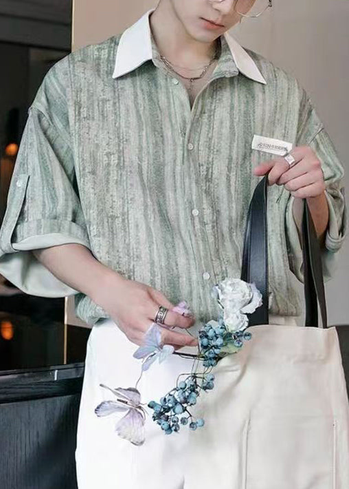 Shirts Stylish Cotton Button Light Men Patchwork Striped Green